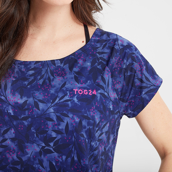 Halsam Womens Tech T-Shirt - Ink Navy Leaf Print