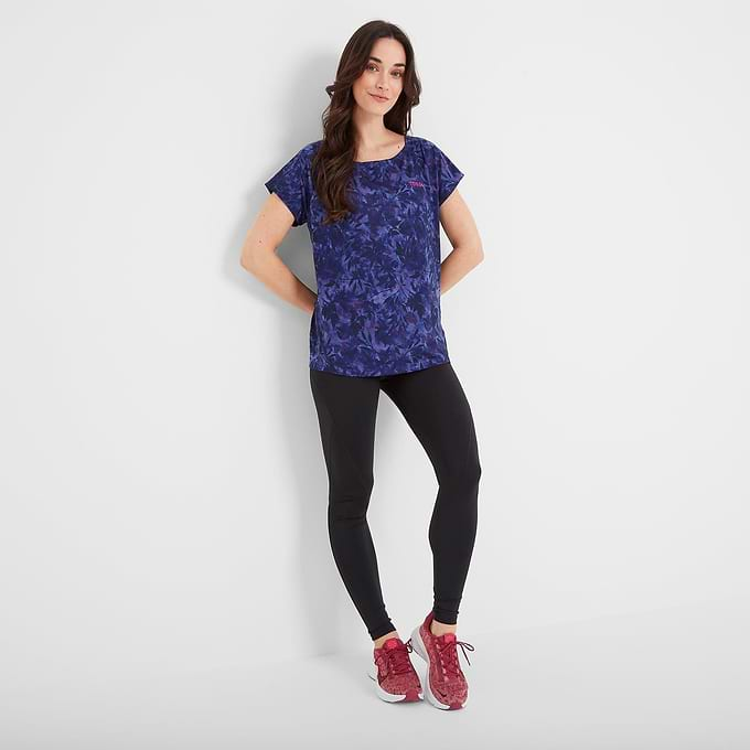 Halsam Womens Tech T-Shirt - Ink Navy Leaf Print