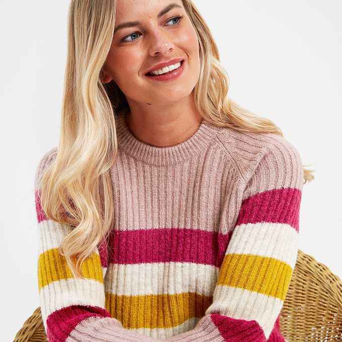 Janine Womens Striped Crew Neck Jumper - Faded Pink