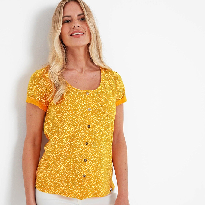 Kinver Womens Button Up Top - Bright Yellow Dalmation Print