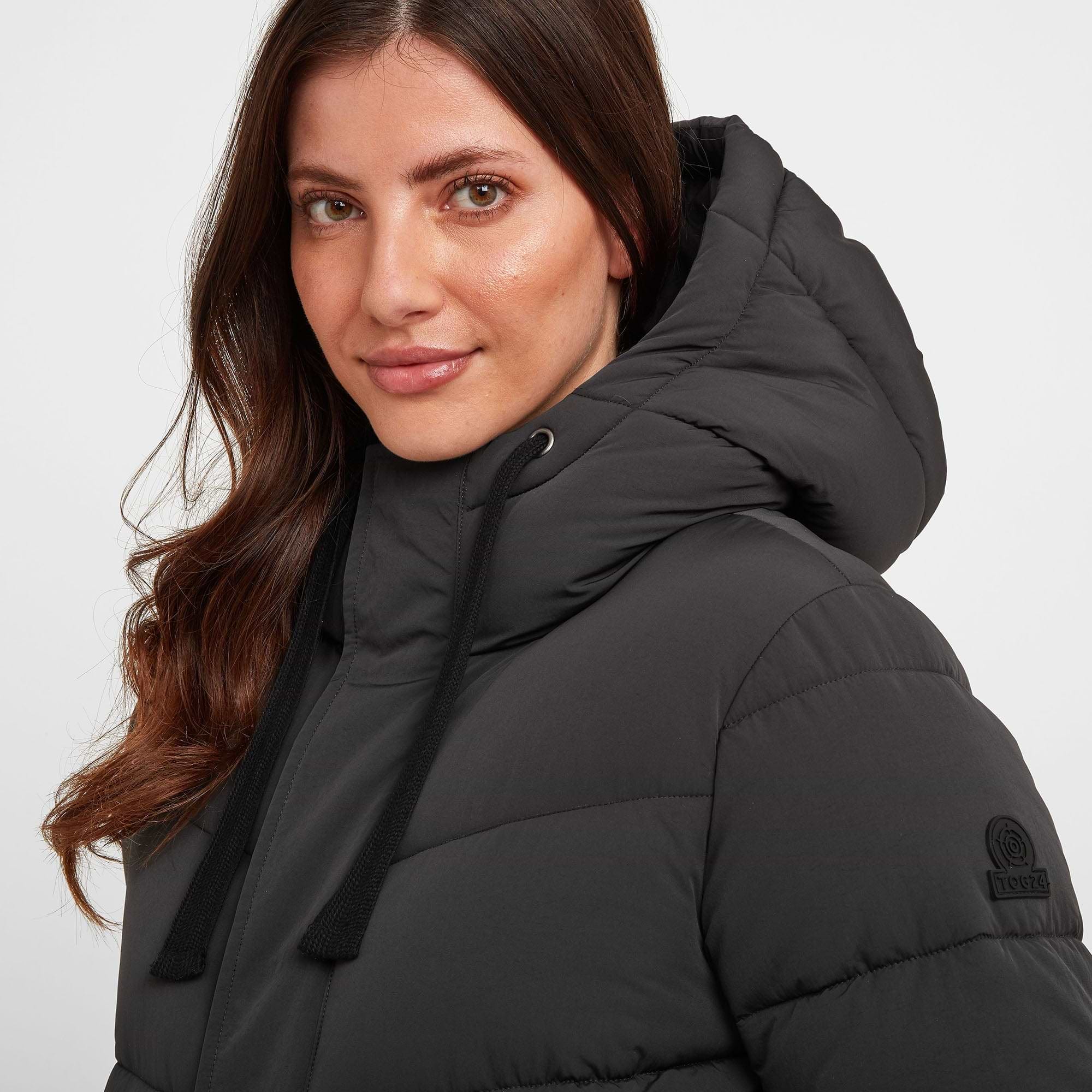 Womens black padded coat with hood 2025
