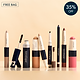 Trestique refillable makeup set featuring foundation, blush, lipstick, mascara, eyeshadow, eyeliner, brow pencil, and highlighter in sleek navy and neutral packaging. Displayed on a reflective surface with a beige background. Includes a 'FREE BAG' offer and a '35% OFF' discount badge.