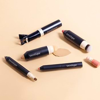 Trestique sustainable, cruelty-free makeup products with recyclable packaging, including foundation, blush, and lip crayons.