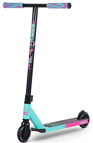The Legacy Fade Complete Stunt Scooter - Teal / Pink by Legacy features a black T-bar, teal and pink grip tape, purple-pink grips, and a bold graphic deck with matching wheels—perfect for standing out at the park.