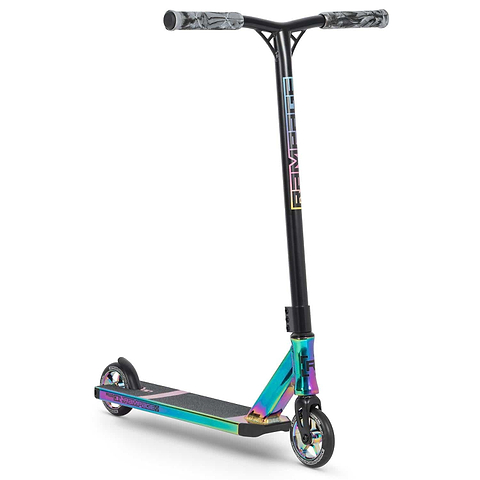 The Rampage R110 Complete Stunt Scooter - Oil Slick Neochrome by Rampage features a black handlebar, camo-patterned grips, and a metallic rainbow-colored deck and wheels, shown on a white background.