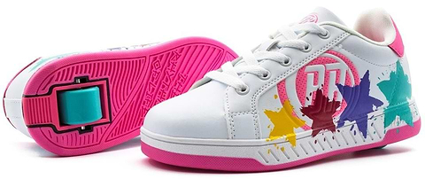 The Breezy Rollers Splash Shoes - White / Pink feature colorful paint splatter designs, pink soles, and Breezy Rollers’ patented heel wheel system for effortless skating fun.