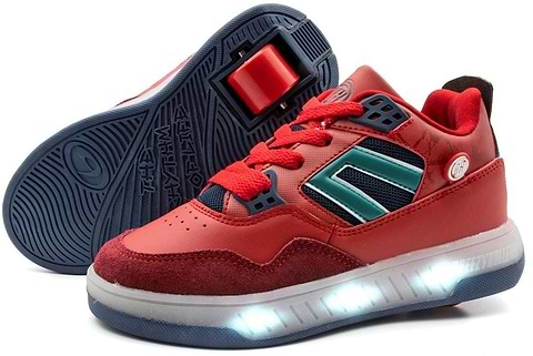 The Breezy Rollers Light Beam Shoes - Red / Blue are kids' sneakers with light-up soles, a retractable heel wheel for skating, blue laces, and a bold side stripe—fun and stylish from Breezy Rollers.
