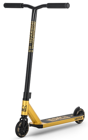 The Legacy Ventus Complete Stunt Scooter in gold and black features a sturdy frame, black handlebars, grip tape, small black wheels, and "VENTUS" branding—ideal for skatepark tricks.