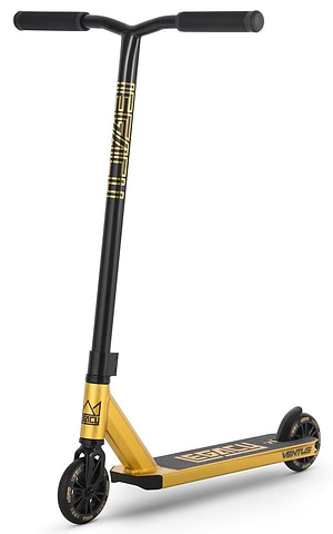The Legacy Ventus Complete Stunt Scooter in gold and black features a sturdy frame, black handlebars, grip tape, small black wheels, and "VENTUS" branding—ideal for skatepark tricks.