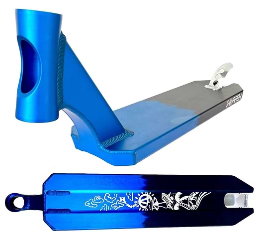 The Apex Pro Life's a Beach Special Edition Blue / Black Scooter Deck - 5" x 19.3" stands out with its unique blue metal finish and distinctive curved design, complemented by an eye-catching graphic underneath. This Australian-made scooter deck from Apex features a head tube cutout and is renowned for its sleek, durable, and stylish construction.