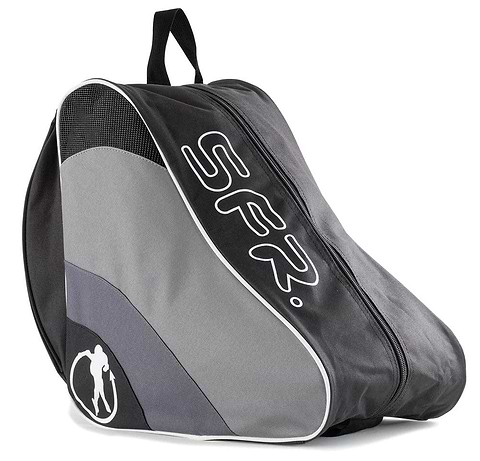 Introducing the SFR Ice & Skate Bag II - Black / Grey, a stylishly curved sports bag ideal for transporting ice skates. It boasts a large zipper and prominently displays the "SFR" logo on the side. A skater's silhouette enhances its look in the bottom corner, while its water-resistant design adds to its practicality.