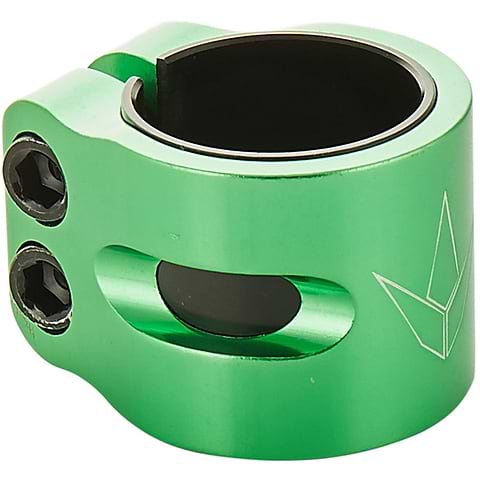 Close-up of the Blunt Envy Twin Slit 2 Bolt Oversized Scooter Clamp in green, showcasing a small cutout and an engraved geometric logo. This lightweight, cylindrical aluminum clamp with two hex screws is designed for securing components, possibly for stunt scooters or bicycles.