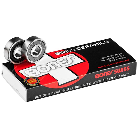 Detailed view of the Bones Swiss Ceramic Skateboard Bearings - 8 Pack, showcasing two ceramic balls against a black and red package. The packaging emphasizes "Made in Switzerland" and notes that it is lubricated with Speed Cream for optimal performance.