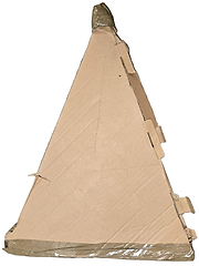 A large triangular piece of cardboard on a gray carpet, with brown tape on the top and bottom edges—reminiscent of packaging for Ethic DTC Trianon Steel Standard ICS/IHC Stunt Scooter Bars (Raw Silver, 670mm x 560mm). Notches and tabs appear on the right.