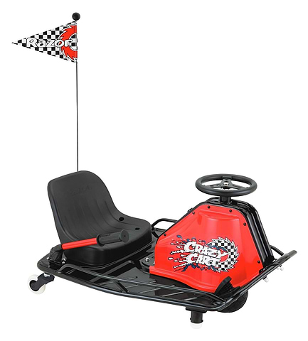 The Razor Crazy Cart Electric Drift Cart by Razor features a red and black design with bold racing graphics, a steering wheel, side lever, low seat, small wheels, and a checkered flag on the rear pole for an authentic race-day feel.