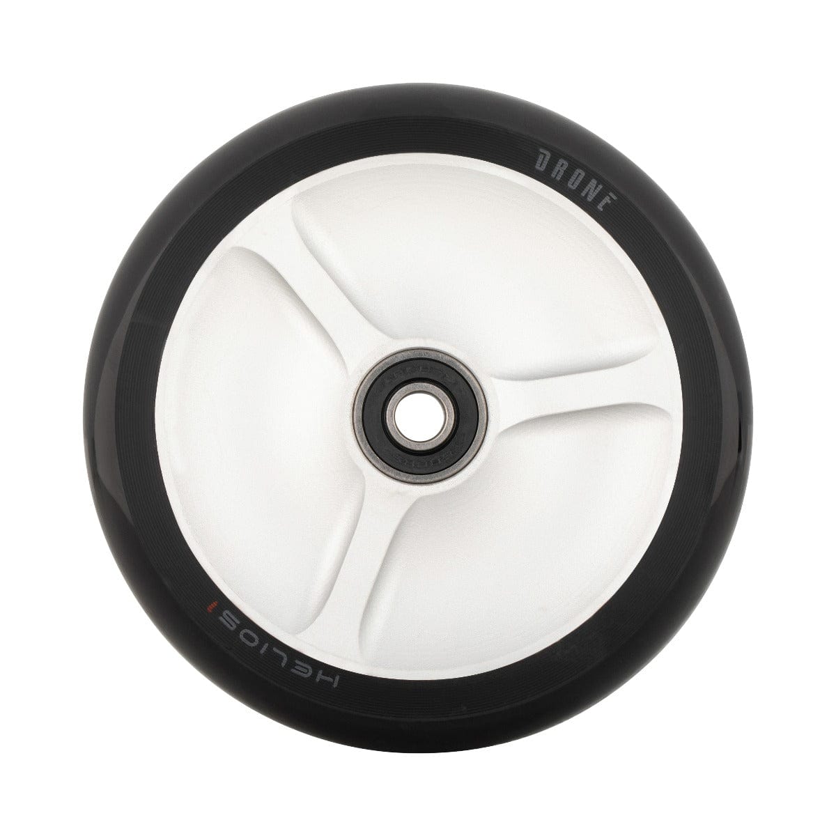 Viewed from the side, the black and silver Drone Helios Hollow-Spoked Feather-Light 110mm Stunt Scooter Wheel highlights its hollowcore design. The hub is designed with three elegant, white spokes that house Ultra-Sonix bearings. The black outer edge of the tire features "Drone" and "Helios," identifying it as part of the Drone Helios 1 model series.