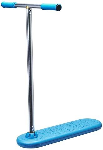 The INDO Pro Indoor Trampoline Stunt Scooter in blue, designed by INDO, boasts vibrant blue handlebars and a textured blue deck for enhanced grip, making it ideal for practicing tricks. Displayed upright against a white background, this scooter is crafted for performing smooth and stylish stunts.