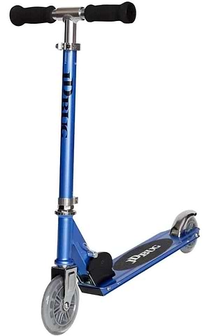The JD Bug Junior Street MS100 Kids Foldable Kick Scooter in Reflex Blue is a lightweight scooter with shiny metal handlebars and black grips. It features two clear wheels and the brand name "JD Bug" on its stem and deck, which includes a black non-slip surface for safety.