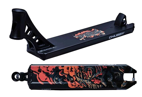 The Chubby Loco Serpent Black Stunt Scooter Deck combines a sleek, modern structure with visible cutouts for style and weight reduction. Measuring 4.5" x 19.5", it features a vibrant red and orange abstract flame design with intricate details on the black deck, along with the brand name "CHUBBY" displayed on the side.