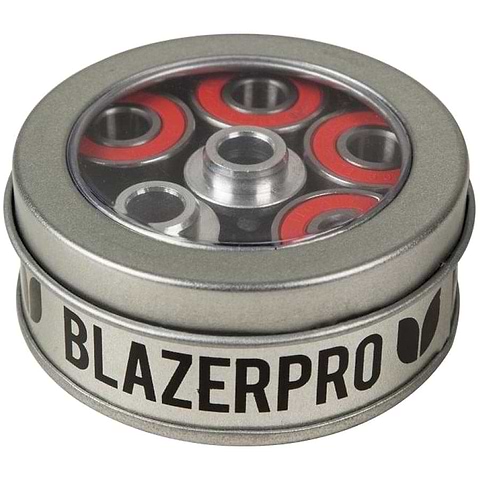 A round metal tin contains Blazer Pro Nines ABEC 9 Red Scooter Bearings, showcasing high precision and durability. The "Blazer Pro" labeled lid features a clear window that reveals the silver bearings with red inner circles, neatly arranged in a circular pattern.