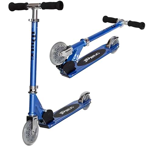 The JD Bug Junior Street MS100 Kids Foldable Kick Scooter in Reflex Blue features a lightweight design, black handlebars, and a black foot deck. The scooter displays the "JD Bug" brand in white and is shown folded and upright for easy carrying.