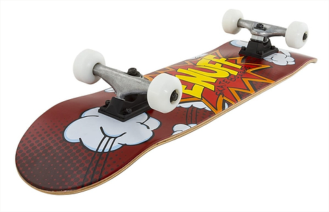The Enuff POW Red Complete Skateboard, measuring 7.75" x 31.5", features a maple deck in striking red with a comic-style design, highlighted by "ENUFF" in yellow bursting letters. It is equipped with white wheels and sturdy metallic Enuff Decade trucks.