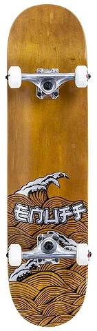 The Enuff Big Wave Brown and Silver Complete Skateboard, 8 inches by 32 inches, with a wave graphic on the underside of the deck.