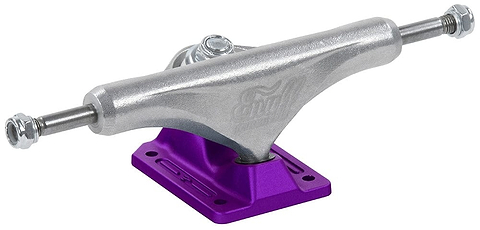 The Enuff Decade Pro Satin Purple Skateboard Trucks (Pair) - 129mm feature a stylish satin finish with a metallic silver hanger and purple baseplate, along with axles and bolts on each side. These trucks also include laser-etched hanger logos that enhance their sleek appearance.