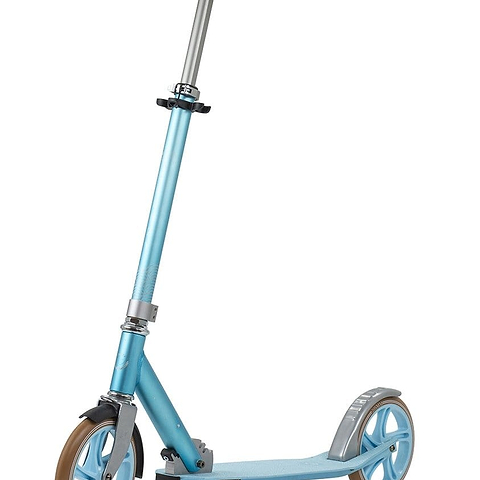 The Frenzy 205mm Kaimana Foldable Commuter Scooter in blue features a metal frame, brown handlebars, and large blue wheels. It includes a folding mechanism, kickstand, and dual brake system with a rear fender brake. The scooter is set against a white background.