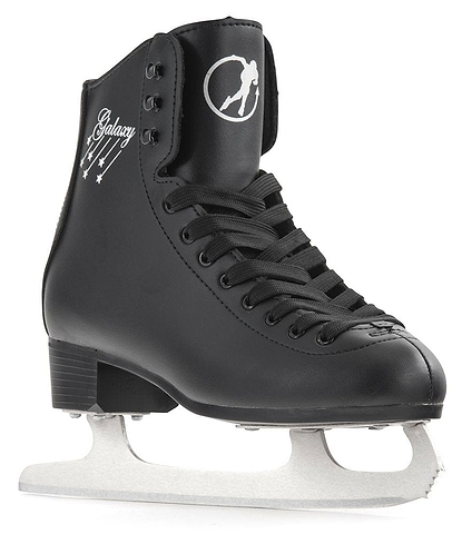 The SFR Galaxy 2 Figure Ice Skates - Black by SFR boast a sleek black boot with contrasting white laces and an ergonomic heel design. Decorated with the word "Galaxy" and an elegant skater amidst stars, these skates glide effortlessly on high carbon stainless steel figure blades, providing both precision and style.