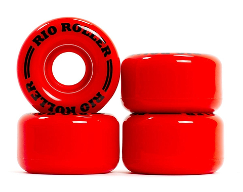 A stack of four eye-catching red Rio Roller Coaster 82A quad roller skate wheels, measuring 62mm x 36mm, is displayed. The "Rio Roller" brand is prominently printed in bold black. Three of the wheels are arranged horizontally to highlight their stability, while a fourth wheel rests against them, exposing the central hole.