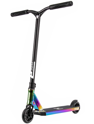 Introducing the Root Industries Type R Complete Stunt Scooter in Rocket Fuel Neochrome, a sleek black scooter with a stunning metallic rainbow finish on the neck and base. Ideal for intermediate and advanced riders, it boasts a lightweight aluminum deck, straight handlebars with comfortable grips, and sturdy black wheels crafted for smooth riding. Brought to you by Root Industries.