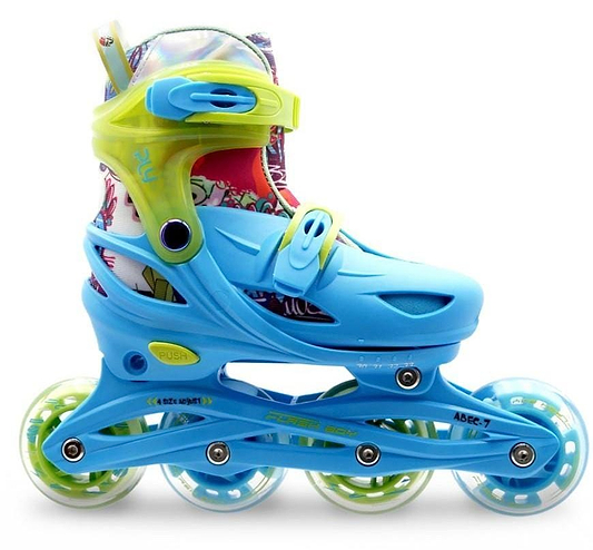 The Roces Ply Flash Adjustable Kids Inline Skates by Roces feature a blue and lime frame, ABEC 7 carbon bearings, four green wheels, and a vibrant boot with cartoon graphics plus yellow strap and heel accents.
