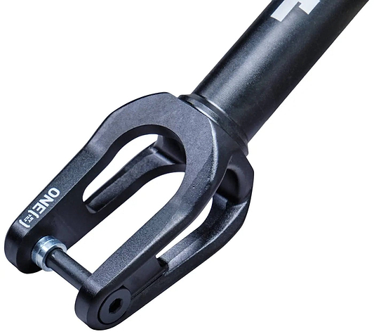 Close-up view of the Tilt Stage 1 SCS/HIC Stunt Scooter Fork by Tilt in black, crafted from lightweight T6 heat-treated 6000 series aluminium—a top stunt scooter upgrade with a horizontal axle bolt and “ONE” label.