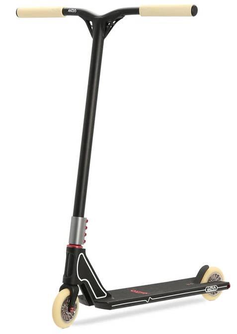 The Aztek Fountain Complete Stunt Scooter - Black by Aztek features cream grips and wheels, a sturdy T-shaped handlebar, and a low deck, making it ideal for tricks and stunts at the skatepark.