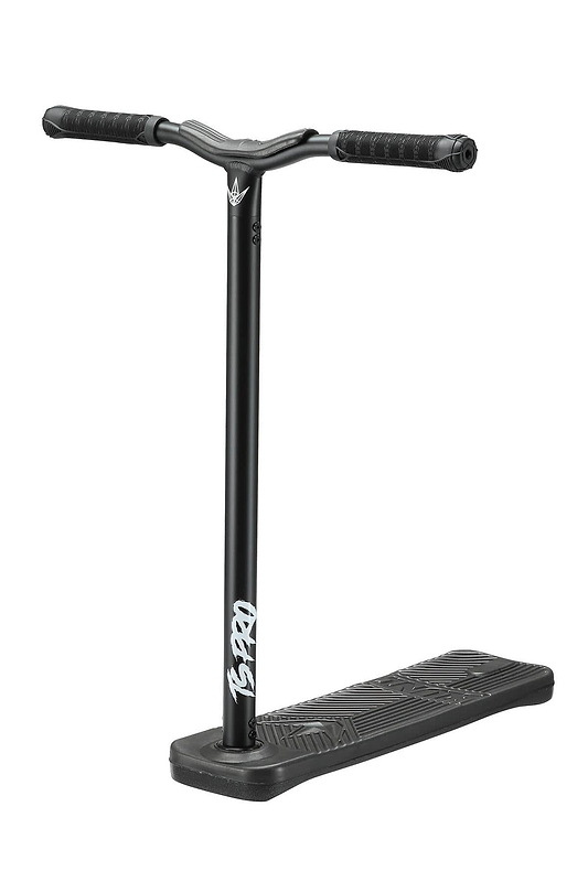 The stylish Blunt Envy TS Pro 6 Indoor Trampoline Stunt Scooter in black is showcased against a white backdrop. With a wide deck and textured grips, it features reinforced handlebars and boasts a modern design with the Blunt Envy logo near the base, ensuring both style and stability for customization.