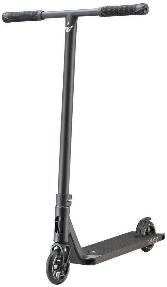 The Blunt Envy Colt S6 Complete Stunt Scooter in black boasts a wide chromoly Tension bar handlebar, a robust frame, and two durable wheels. Its deck is textured for enhanced grip, featuring a sleek and modern design perfect for executing tricks and stunts.