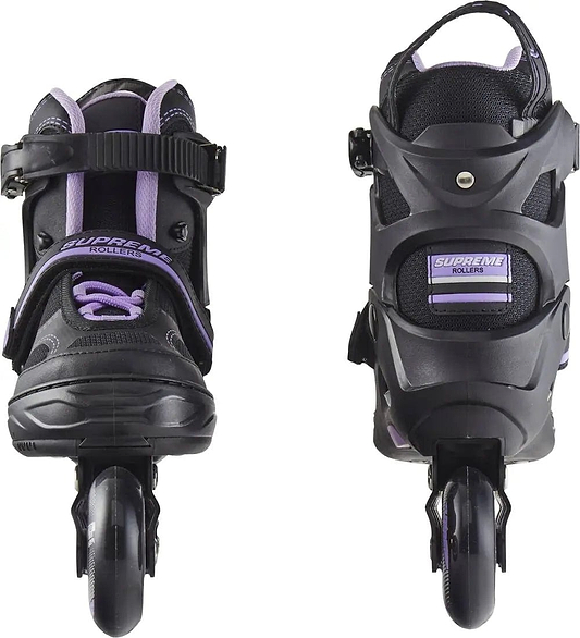 The Supreme Venice Adjustable Kids Inline Skates in black/purple by Supreme feature semi-soft boots, visible straps, and sturdy wheels—ideal for beginner skaters. Shown from the front and back.