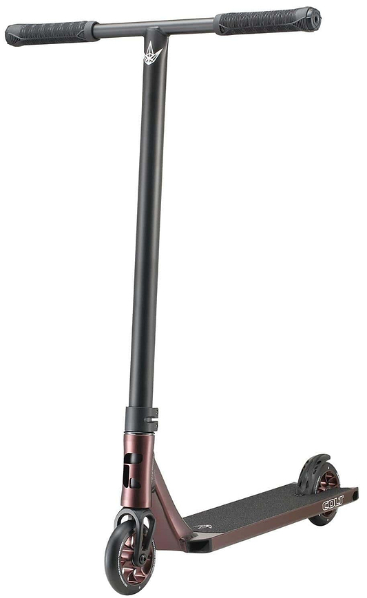 The Blunt Envy Colt S6 Complete Stunt Scooter in Bronze features a sleek design with chromoly Tension bars and a metallic deck. It boasts small wheels that are ideal for tricks and maneuvering, perfectly aligning with its dynamic hybrid style.