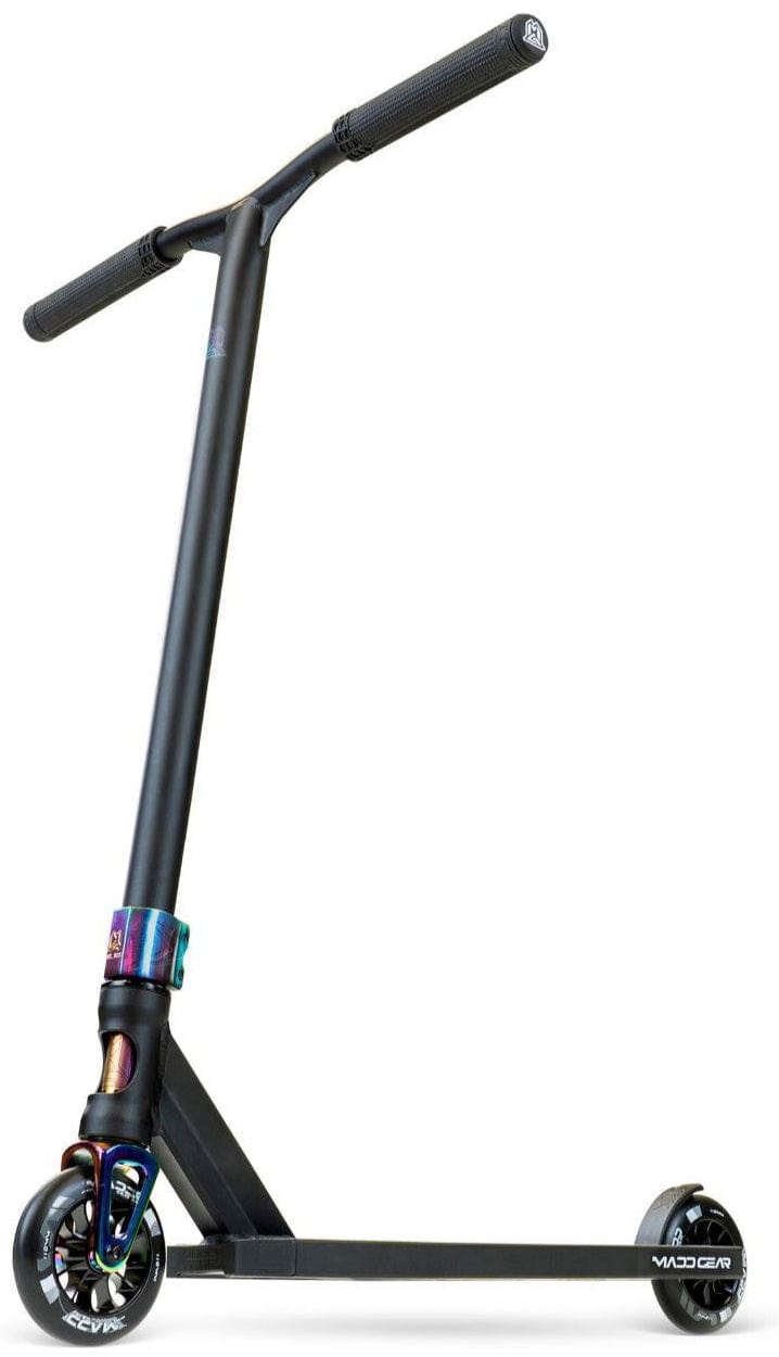 The Madd Gear MG 5 Axion Complete Stunt Scooter in Black / Neochrome by MGP features a sturdy T-bar, colorful clamp, black wheels, and a sleek deck—an action sports innovation—shown on a white background.