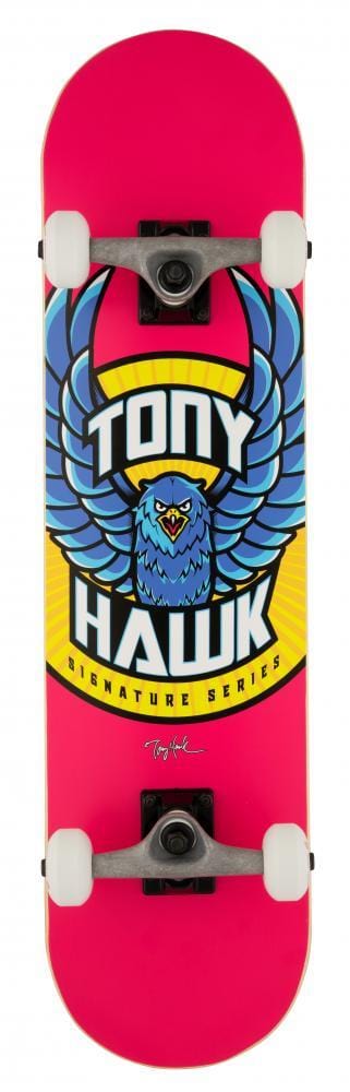The Tony Hawk SS 180+ Eagle Logo Pink Complete Skateboard (7.75" x 31") features a bold eagle graphic and white wheels, making it an ideal beginner board from the iconic Tony Hawk brand.