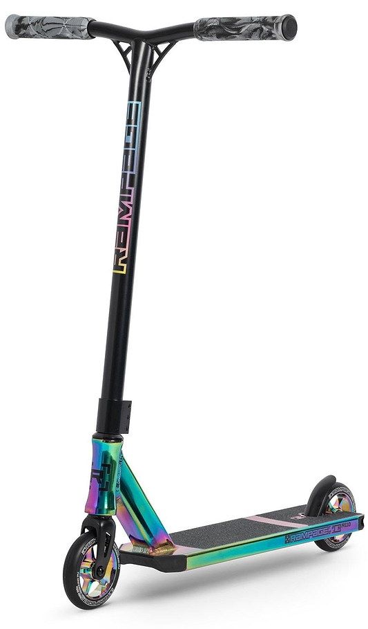 The Rampage R110 Complete Stunt Scooter - Oil Slick Neochrome by Rampage features a black handlebar, gray patterned grips, and a striking Oil Slick Neochrome deck and fork, all supported by two compact wheels.