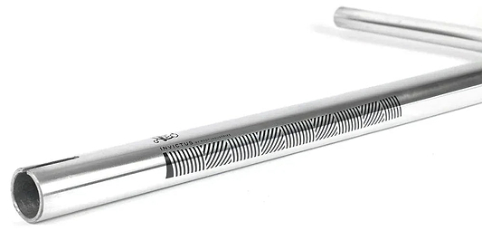A close-up of the Root Industries Invictus HMA IHC Stunt Scooter Bars in Mirror Chrome (610mm x 580mm), featuring a geometric black pattern, "INVICTUS" text, and logo, showcased on a white background.