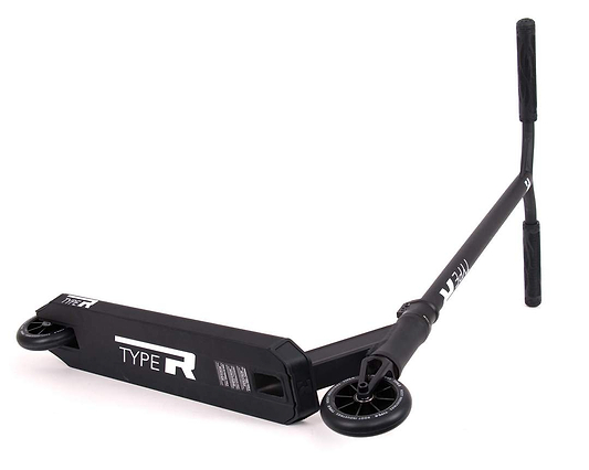 The Root Industries Type R Complete Stunt Scooter - Black is designed for performing tricks, featuring a T-bar handle and small wheels. Its deck showcases a sleek, matte finish along with the Root Industries design that enhances its stylish appeal.