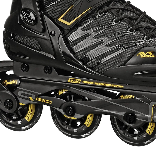 Close-up of the Roller Derby Aerio V2 Q-60 Men's Inline Skates in Black/Gold, showing 80 mm Elite speed wheels, a sturdy frame, part of the boot, and visible Roller Derby branding with technical details on the side.