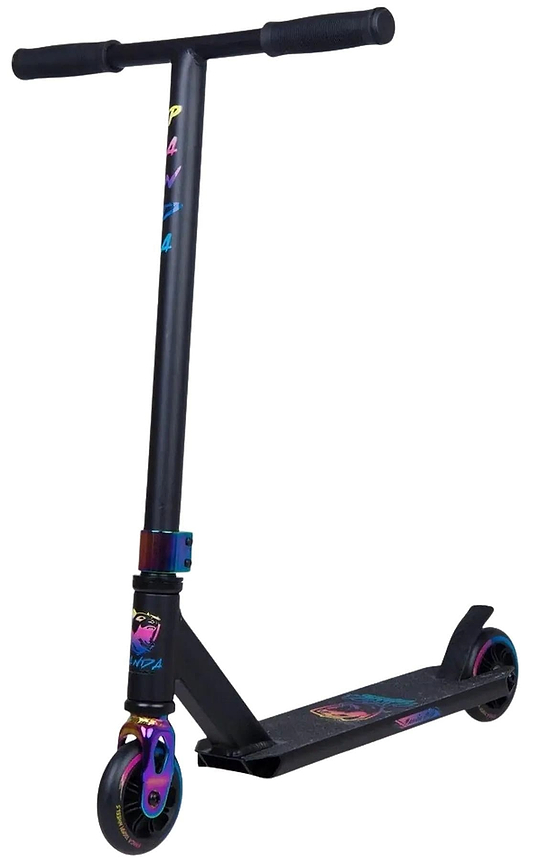 The Panda Cub Complete Stunt Scooter by Panda features a black frame with a rainbow neochrome front wheel, matching handlebar joint accents, and colorful deck graphics, designed for young riders and shown against a white background.