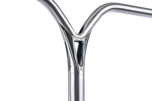 Close-up of an Ethic DTC Deildegast V2 Steel Oversized HIC Stunt Scooter Bar in Raw Silver (670mm x 600mm), showing a welded joint and triangular center cutout with the Ethic logo engraved near the joint.