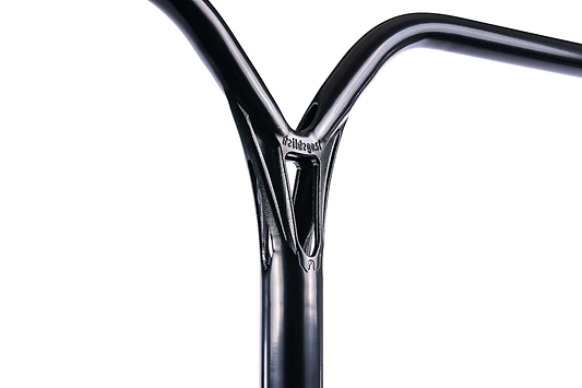 Close-up of the black mirror Ethic DTC Deildegast V2 Steel Oversized HIC Stunt Scooter Bars (720mm x 600mm), highlighting their welds and the engraved "Ethic" brand at the connecting point, set against a white background.