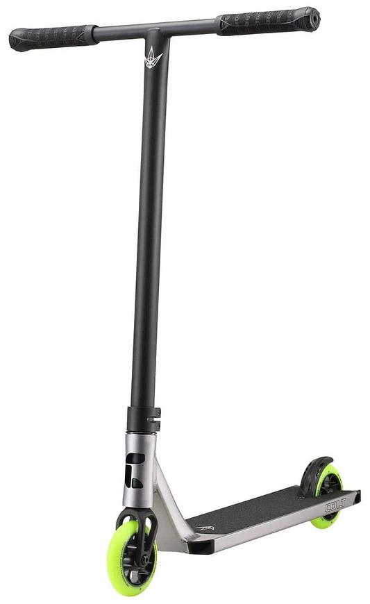 The Blunt Envy Colt S6 Complete Stunt Scooter - Silver is a hybrid-style scooter that showcases eye-catching bright green wheels alongside its stylish black and silver design. It is equipped with sturdy chromoly Tension bars forming a T-shaped handlebar, all presented against a clean white background.