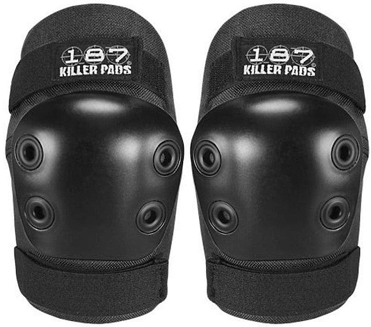 The "187 Killer Pads Six Pack Combo Skate Protection Pad Set - Black" is designed with skaters in mind, featuring hard plastic shells and ventilation holes to ensure maximum comfort. These pads provide exceptional protection, with the "187" brand name prominently displayed on the fabric straps.